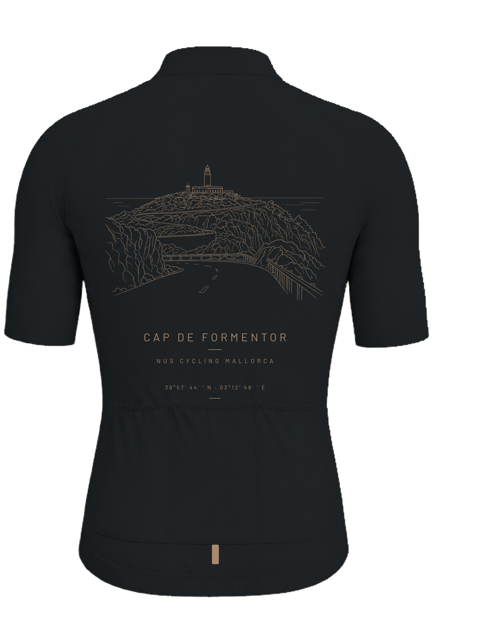 Cap de Formentor maillot, black back with bronze lighthouse illustration